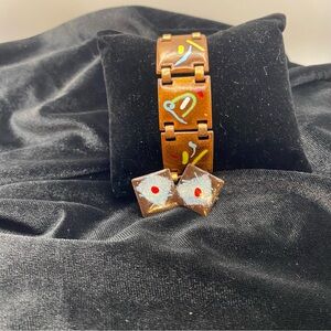 Artisan Copper Enamel Link Bracelet with Abstract Accents & Screw Back Earrings